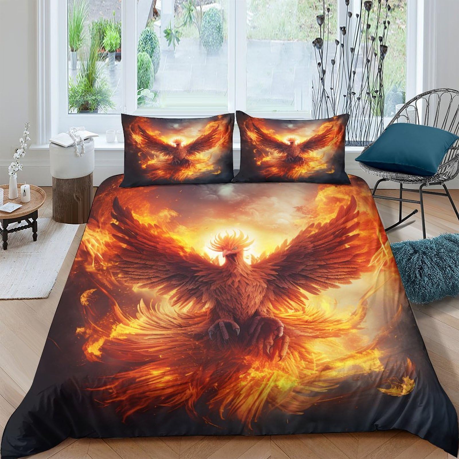 3D Printed Fire Phoenix Duvet Cover Microfiber Soft Breathable Flame Art Bedding Set with 2 Pillowcases for Bedroom Decor Single（135x200cm）