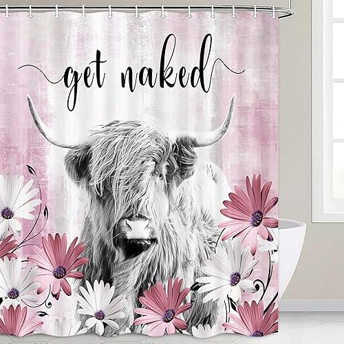 Miniatura 6 de Juego de cortinas de ducha divertidas de vaca de las tierras altas, cortinas de ducha divertidas para baño con diseño de vaca rústica, tela de