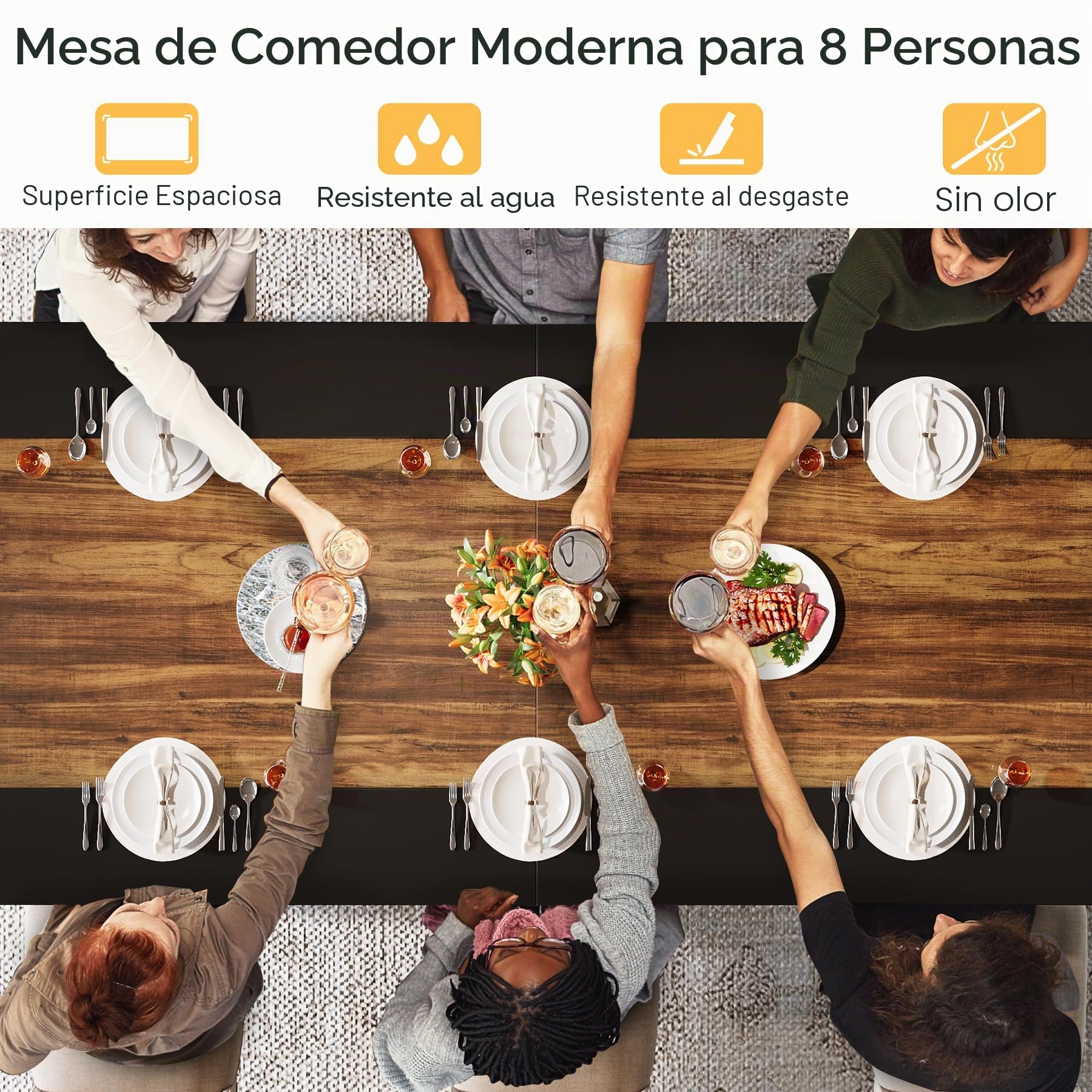 Tribesigns Mesa de comedor rectangular para 8-10 personas, mesa de cocina industrial grande de 200 cm, mesa de comedor para sala de estar, cocina, estructura de metal, marrón rústico