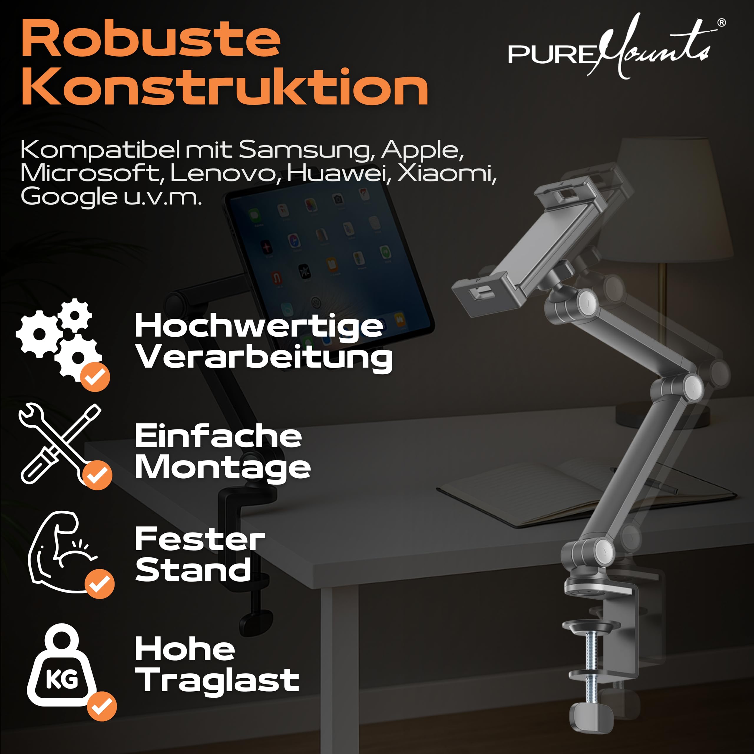PureMounts® Uchwyt na tablet, tablet 4,7" do 12,9", obracany o 360°, nośność do 1 kg, silikonowa podkładka, czarny