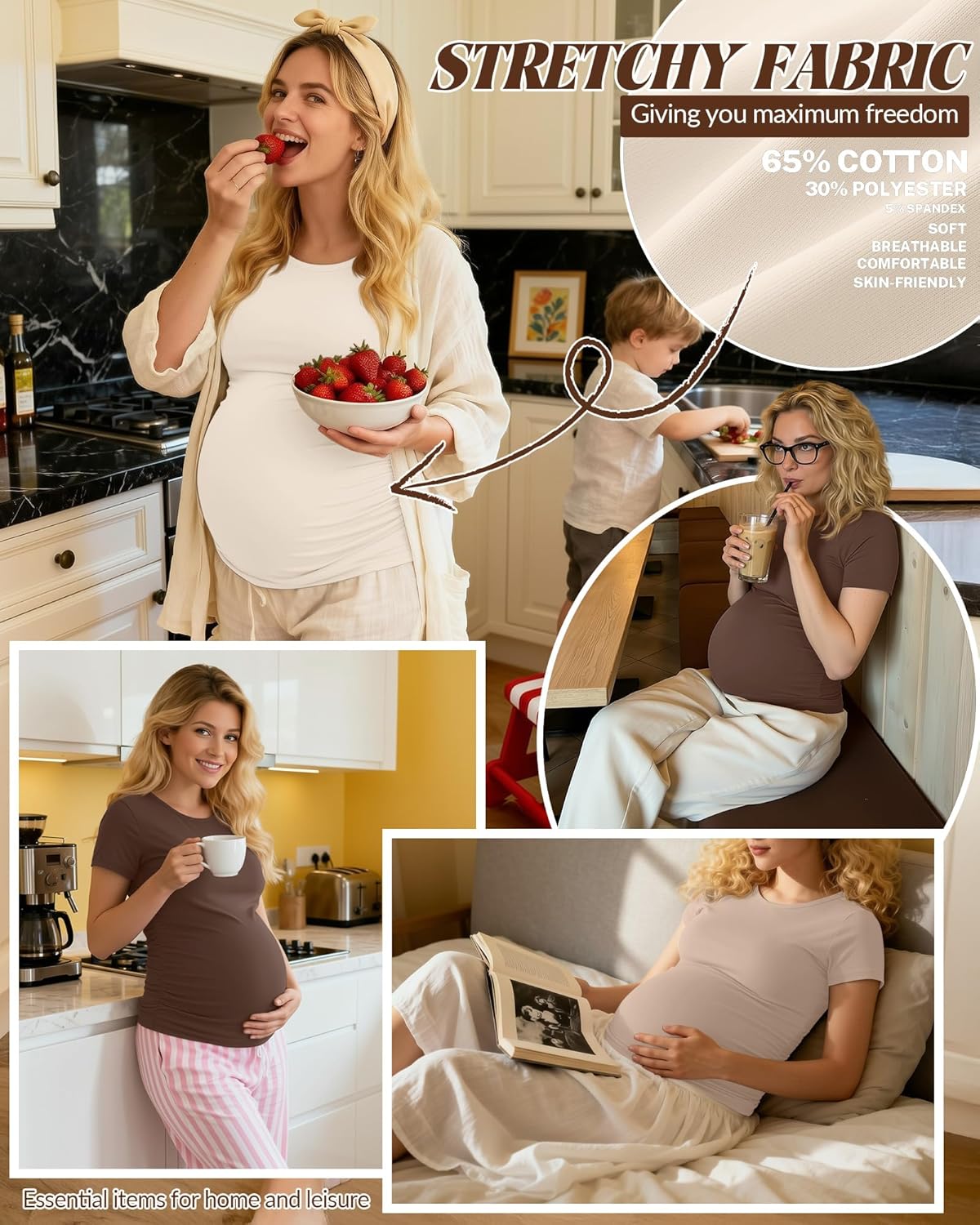 Huukeay 4 Pack Women's Maternity Shirts, Crew Neck Maternity Top Short Sleeve Casual Cotton Tee Side Ruched Pregnancy Clothes - Image 4