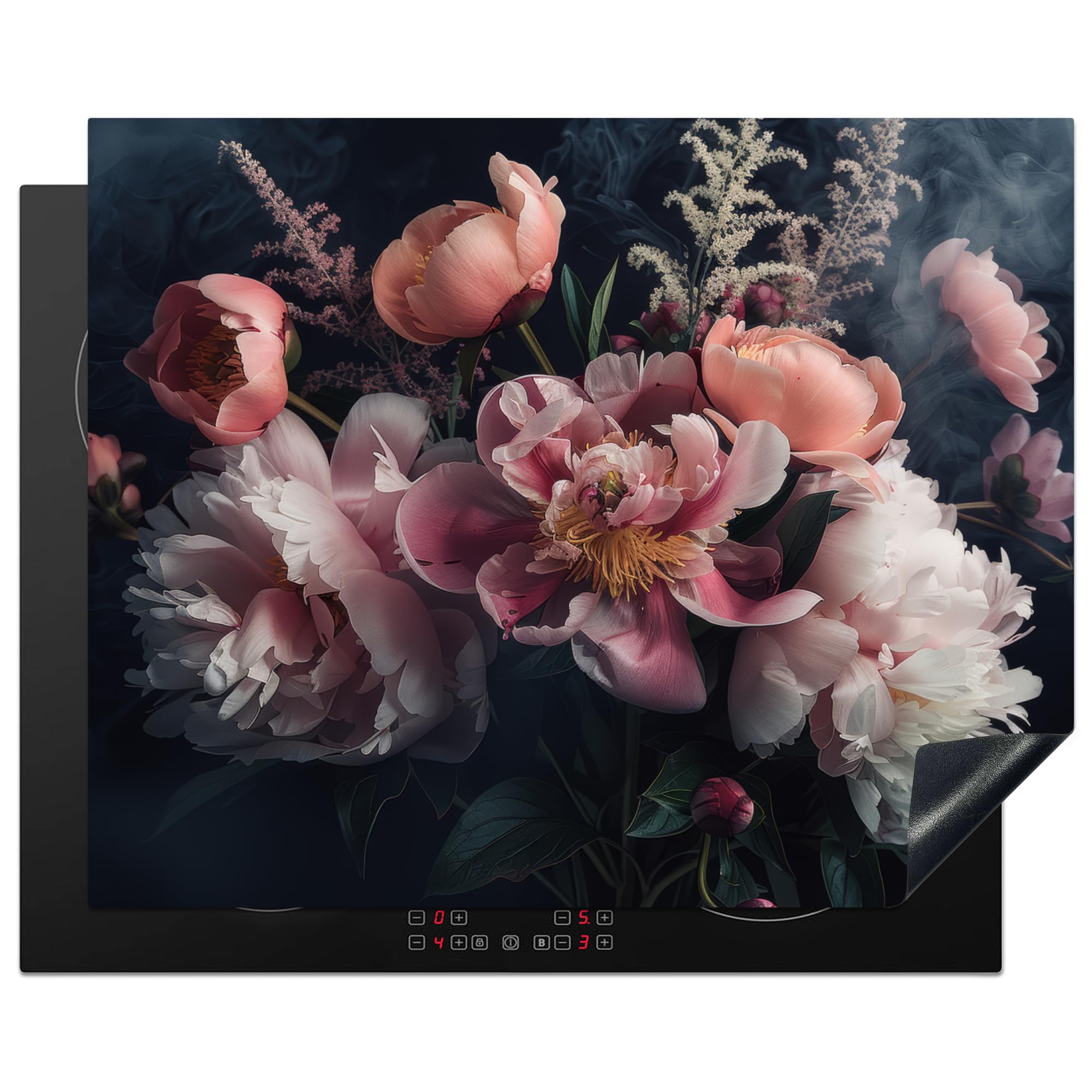 KitchenYeah© Herdabdeckplatte Einteilig Induktionsmatte Küche Abdeckung Ceranfeld Herd Abdeckplatte Deko Vinyl Matte Aufrollbar Rosen - Blumen - Rosa - Pflanzen - Stilleben - Natur - 65x52 cm