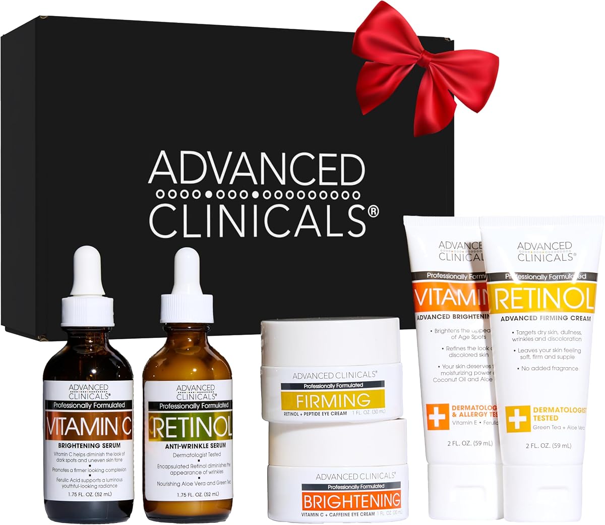 Advanced Clinicals Juego de cuidado de la piel de día a noche de 6 piezas en caja de regalo | (AM) Vitamina C + (PM) Suero facial con retinol, crema debajo de los ojos y crema corporal tamaño viaje | Set de cuidado de la piel antienvejecimiento, regalo para mujeres y hombres