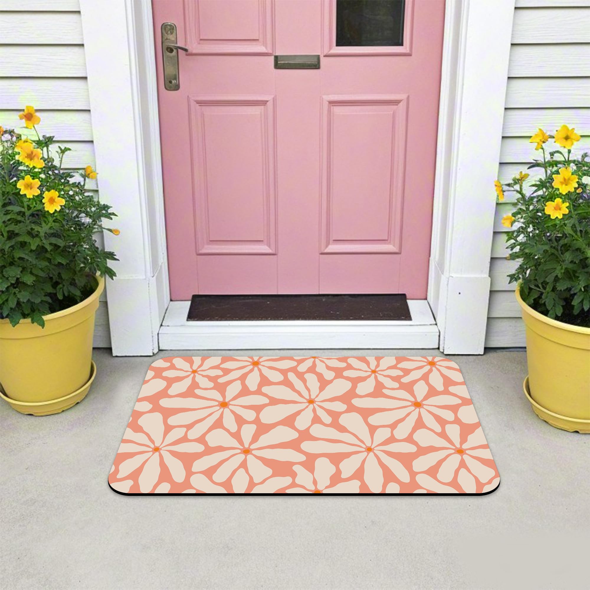 Front Door Mat, Orange Beige Boho Hippie Groovy Flowers Doormat Outdoor Entrance, Non-Slip Low Profile Absorbent and Easy Clean Outdoor Welcome Mat