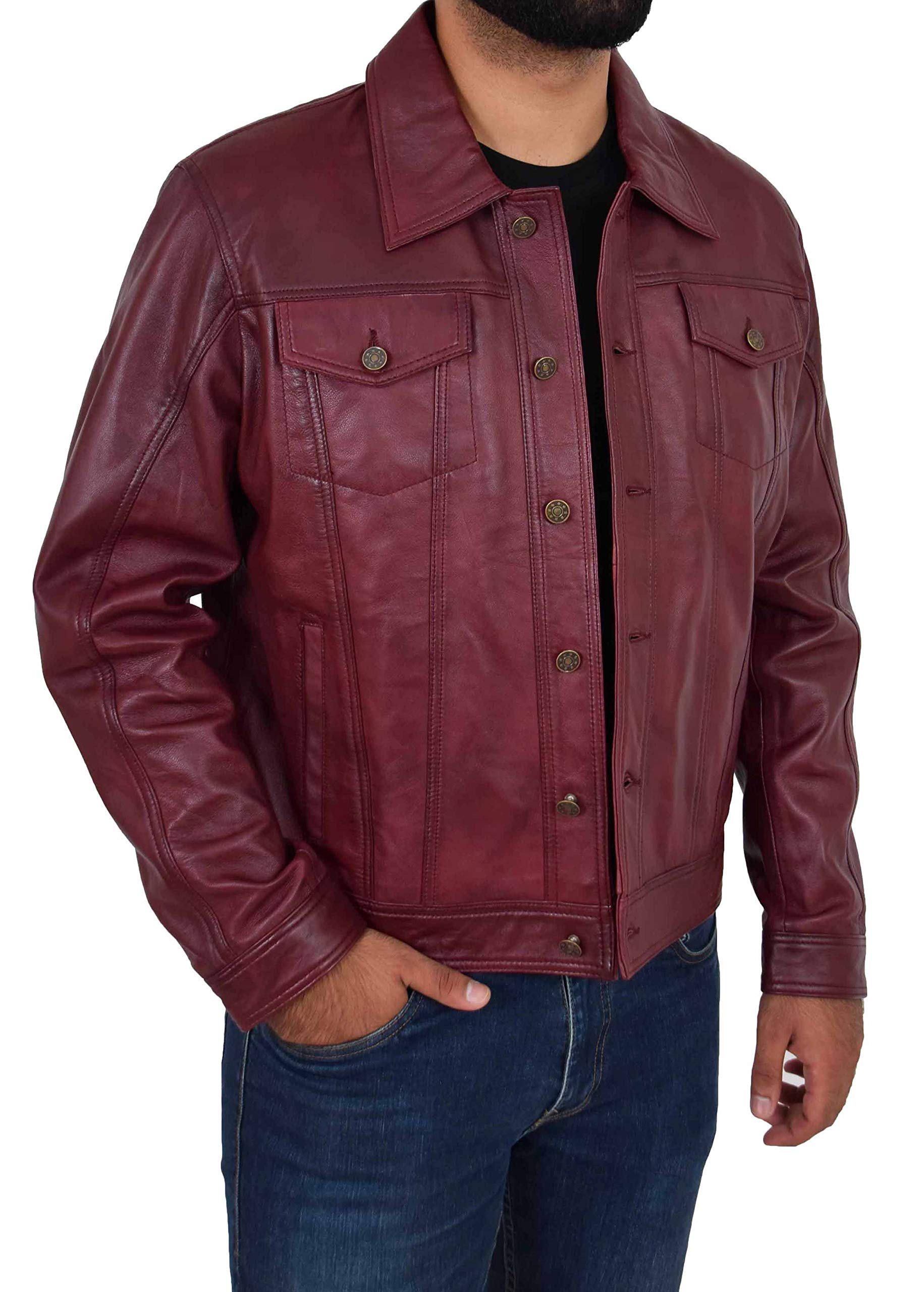 Chaqueta de camionero de cuero suave para hombre, abrigo estilo vaquero occidental americano, color burdeos