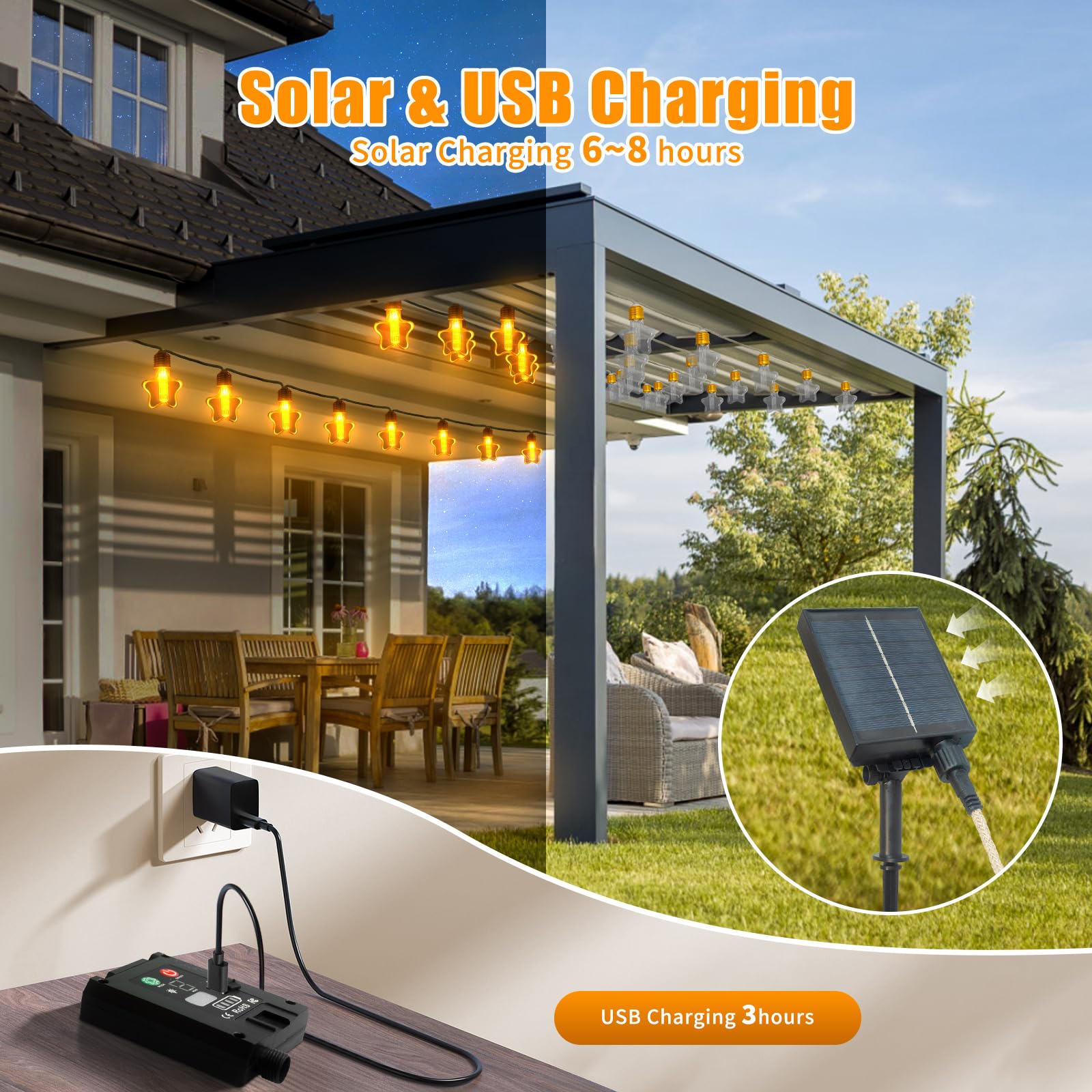 Ciskotu Solarny i USB LED łańcuch świetlny z gwiazdkami na zewnątrz i do wnętrz, lina konopna w stylu vintage, 8M 16 świateł, odporny na warunki atmosferyczne, dekoracja bożonarodzeniowa do ogrodu