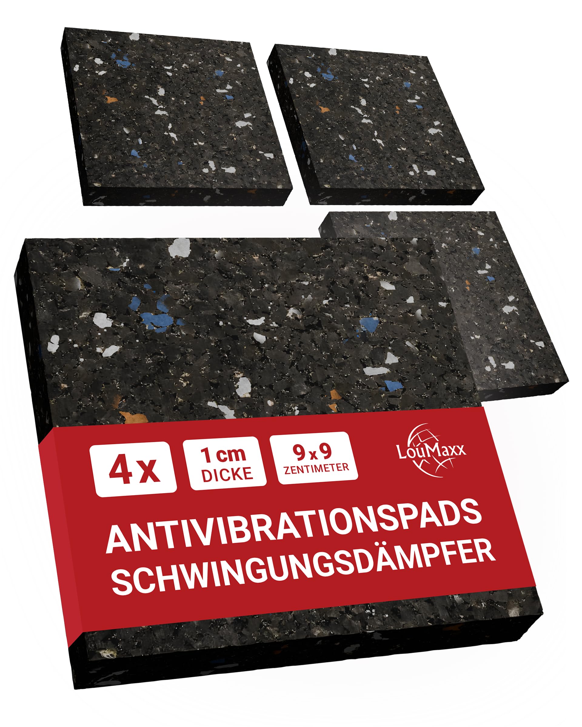 LouMaxx Antirutschmatte Waschmaschine 4er Set 9cm x 9cm - Gummimatte – 1 cm dicke und rutschfeste Antivibrationsmatte Made in Germany Waschmaschinen Unterlage auch für Trockner und andere Geräte