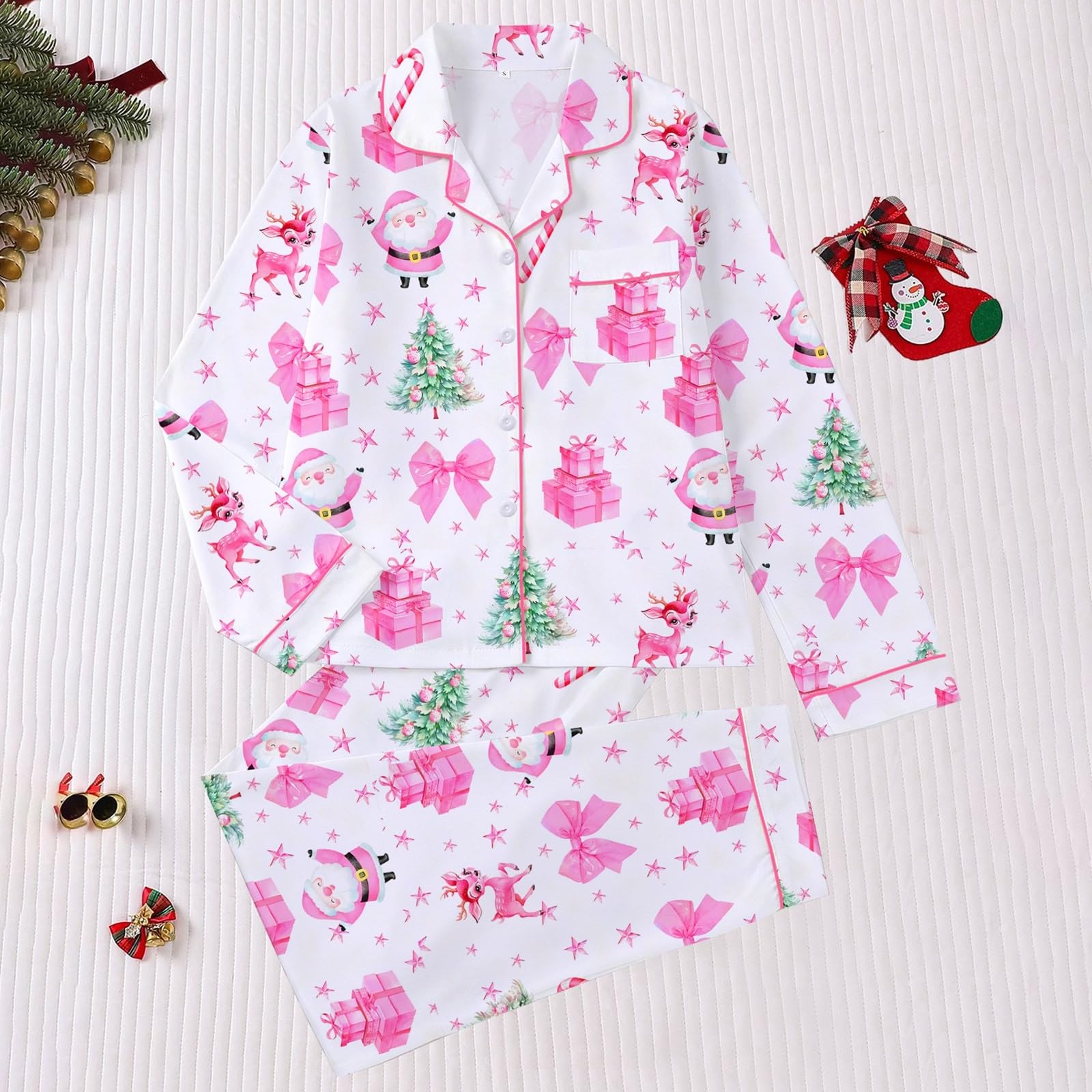 Generico Pigiama Lungo Donna - Donna in Flanella a Maniche Lunghe con Bottoni e Pantaloni Coordinati Comfort Casalingo per FESTIVITÀ e Riposo Notturno