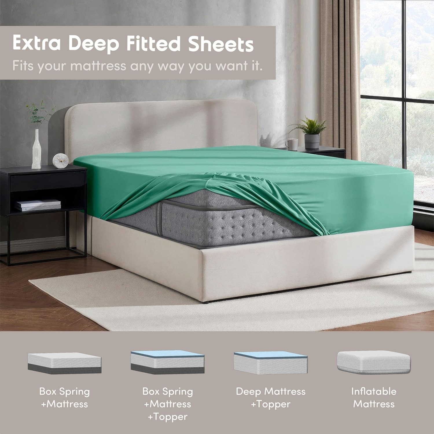 Nestl Mint Extra Deep Pocket King Fitted Sheet Only, Hotel Luxury King Size Fitted Sheets Easily Fits 18 to 24 Inch Mattress, Super Soft, Wrinkle-Free, and Breathable Bottom Sheets with Corner Straps