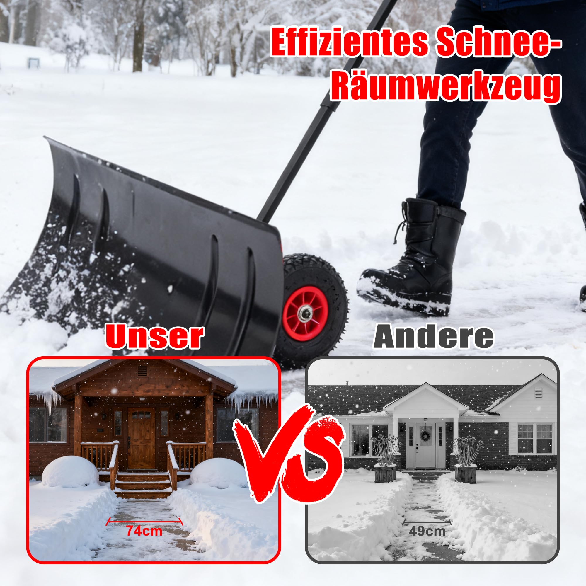 Räder-Schneeschieber 74x36cm - Rückenschonender Schneeschaufel mit 5-Fach Höhenverstellung, Klappbarer Metall-Schneeschild für Garten, Gehwege & Einfahrten