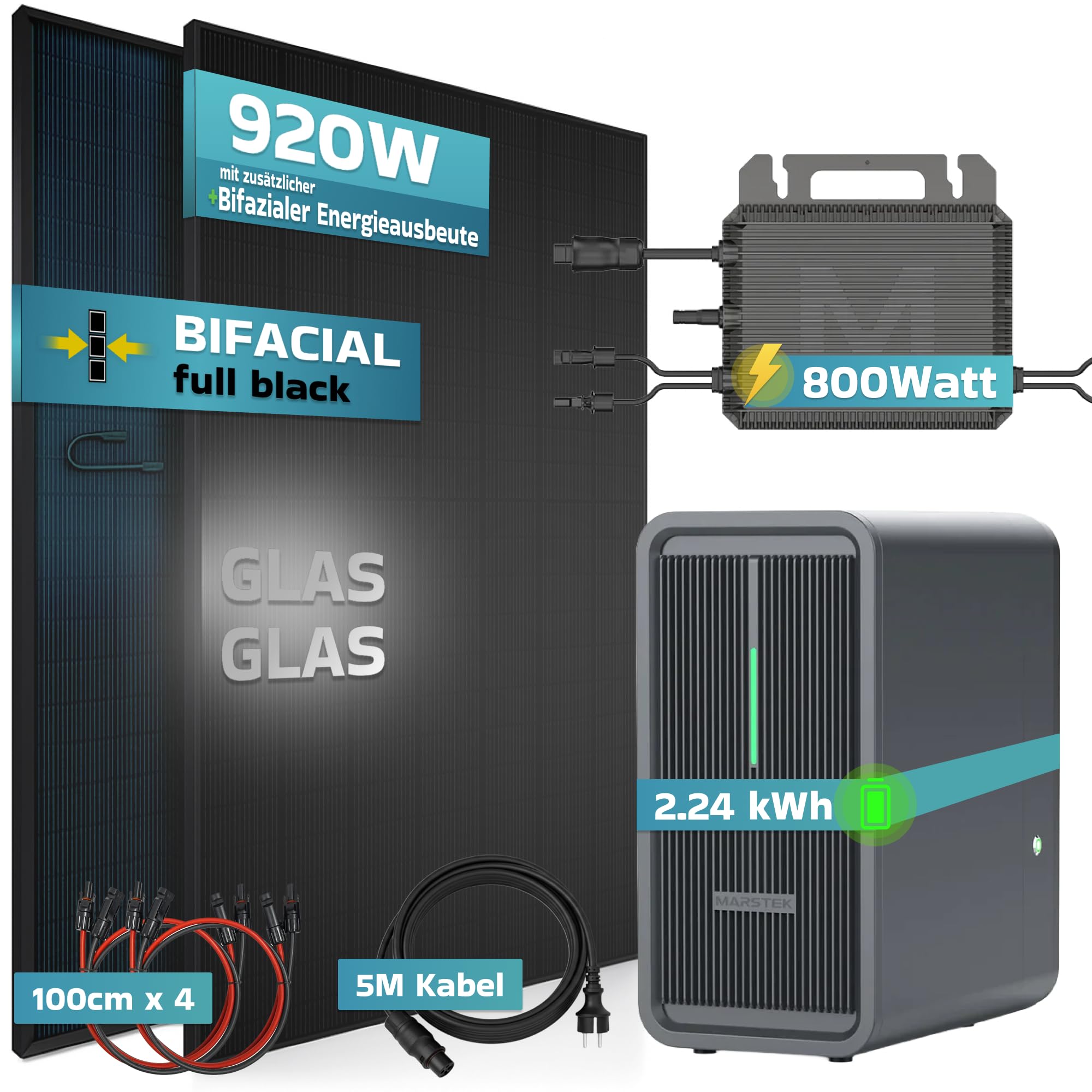 SUNNIVA® 920W Balkonkraftwerk mit 2,24 kWh Speicher Marstek B2500-D, BIFAZIAL FULLBLACK komplett Steckdose, PV Solaranlage Komplettset mit Solarspeicher, 2x 460W N-Type Glas-Glas Bifacial Module