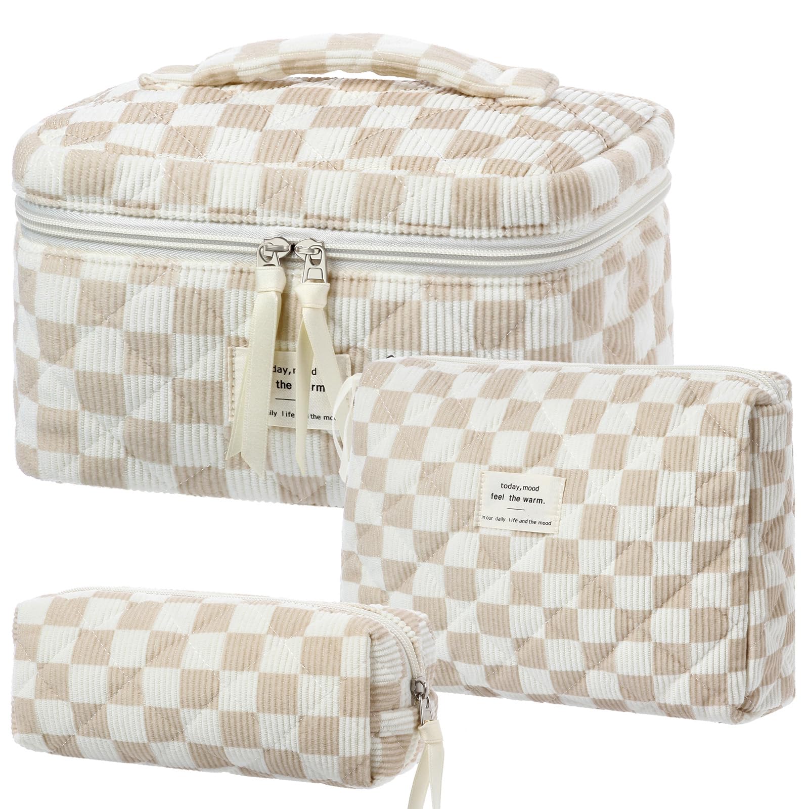 BuyCard Lot de 3 Trousses de Toilette pour Femme avec Motif Floral - Trousse de Toilette matelassée - Portable - pour Les Voyages et la Vie Quotidienne (3, Chèque Kaki)