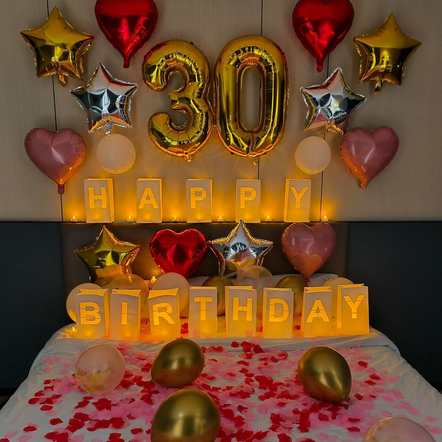 Happy Birthday Decorations Light Up Letters with Flameless Tealights, 0-9 Number Balloon, Latex Balloons, Aluminum Balloons and Rose Petals Birthday Decorations for Women and Men