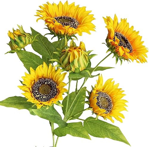 Miniatura 8 de Htmeing Girasoles artificiales de seda, ramas falsas, plantas decorativas, tallos para decoración de la oficina en el hogar, tienda (2 unidades)