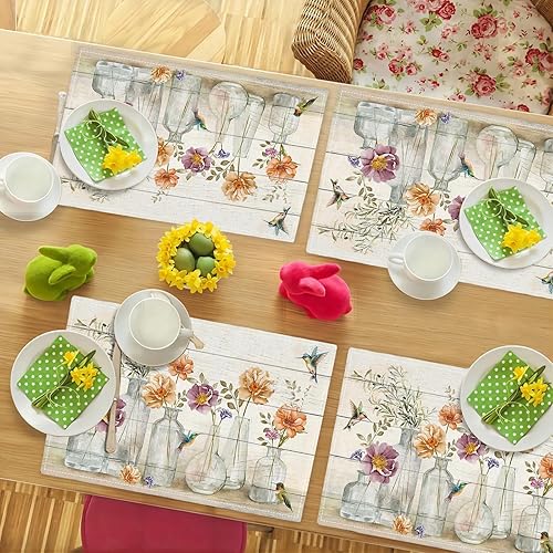 Miniatura 7 de Juego de 4 manteles individuales florales y colibríes, lavables, para decoración del hogar, fiesta, interior, cocina, comedor, 12 x 18 pulgadas