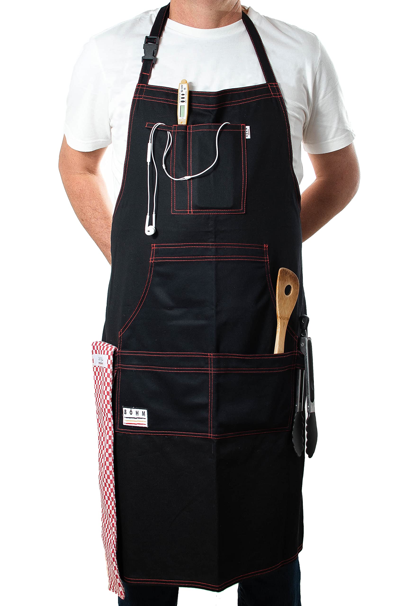 BÖHM Kitchen Apron for Men Women with Pockets Tool and Towel Loops Adjustable Durable Comfortable Double Stitched Cotton Incl. a heat resistant Pot/Pan Towel for handling Hot items