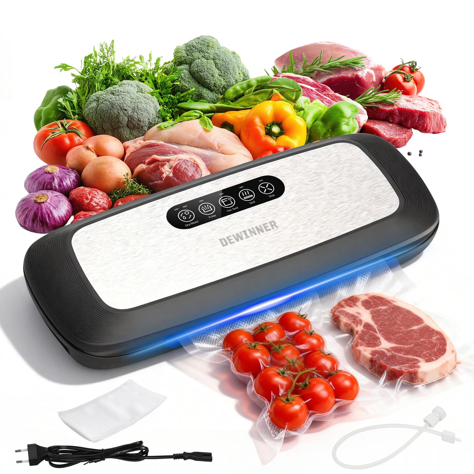 DEWINNER Food Vacuum Sealer Machine with 5 Modes, Powerful Sealing Machine Automatic with 20 Vacuum Bags and 1 Roll Bag, Save Moist/Dry Moist Food Vacuum