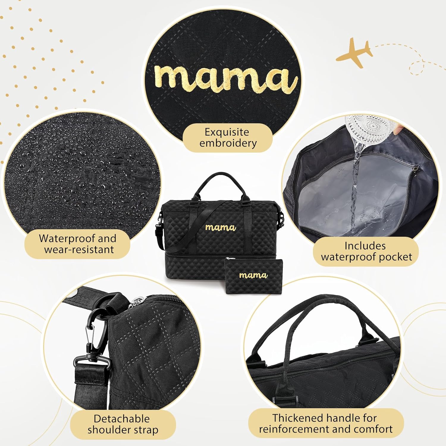 Mama Hospital Bag for Women Labor Delivery Travel Duffle Bag with Shoe Compartment and Toiletry Pouch Waterproof Letter Embroidered for Pregnancy Weekender Overnight Gym Gift, Black - Image 4