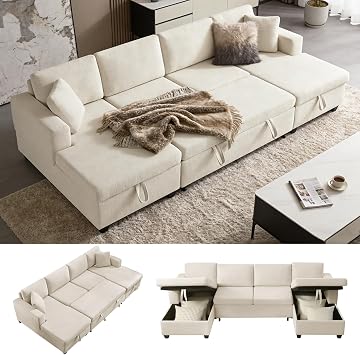 VANOMi U Shaped Sectional Sleeper Sofa with Pull Out Bed, 113" Modular Sectional Sofa with Storage Chenille Couches for Living Room, Apartment, Office, Beige