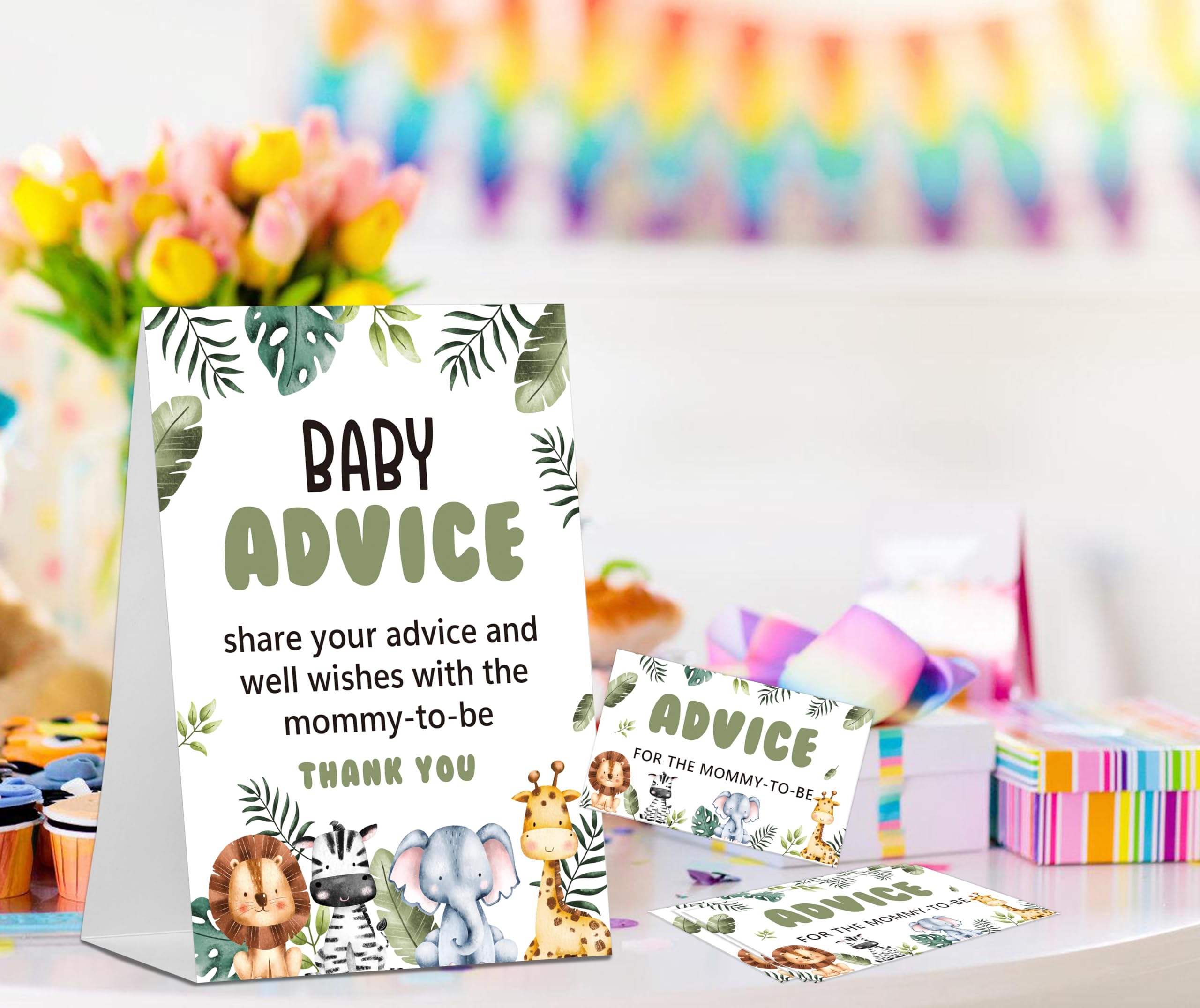Safari Jungle Baby Shower Advice Cards For Parents | 50 Cards + Standing Sign | Gender Neutral Party Game & Decor - View #4