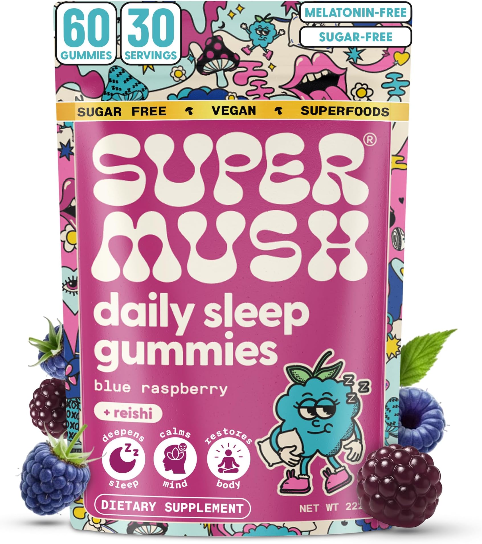 SuperMush Sleep Gummies for Adults - Mushroom Supplement with Magnesium Citrate, L-Theanine, Chaga, Reishi & Chamomile for Deep Sleep, REM & Detox - Vegan & Sugar-Free - 60 Gummies (30 Servings)