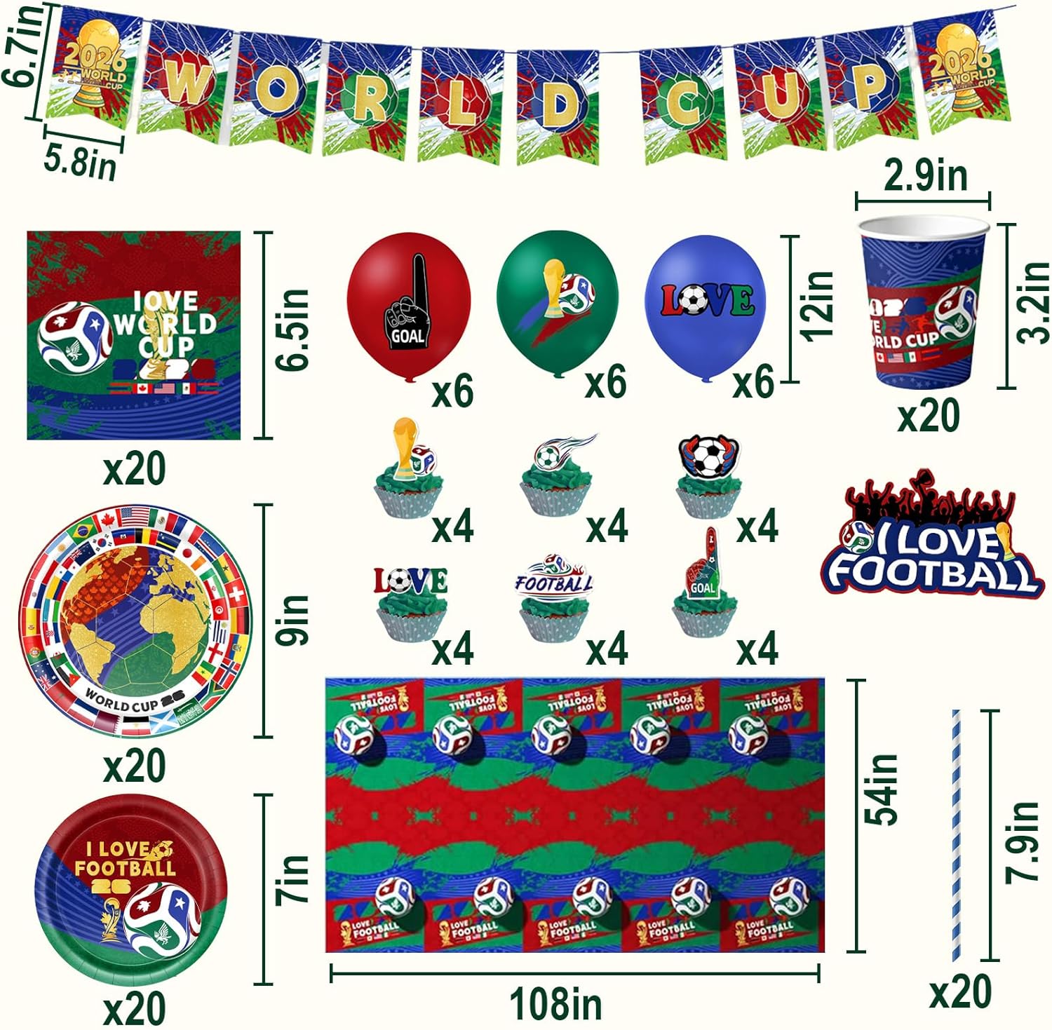 2026 World Cup Party Decorations,145 PCS Kit Soccer Party Decorations,Includes Banner,Tablecloth,Balloons,Plates,Napkins Ect,Essential Game Day Viewing Gear For Soccer Fans