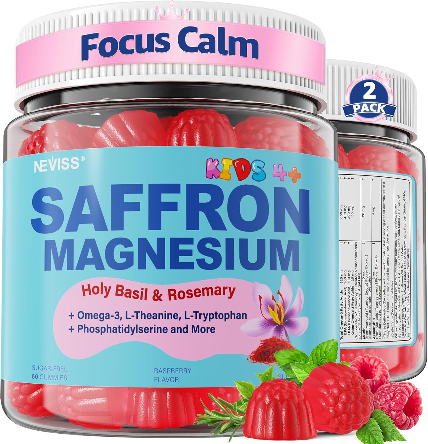 Saffron +Magnesium Glycinate +Omega-3 - Calm Focus Gummies for Kids 4+, Saffron Extract Supplement with L-Theanine, Holy Basil, Rosemary, B6, D3 for Happy Mood, Cognition, ZZz, Sugar Free, 2 Pack