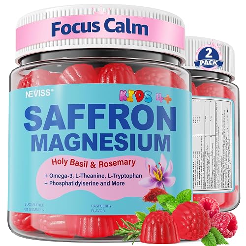 Saffron +Magnesium Glycinate +Omega-3 - Calm Focus Gummies for Kids 4+, Saffron Extract Supplement with L-Theanine, Holy Basil, Rosemary, B6, D3 for Happy Mood, Cognition, Nerve, Sugar Free, 2 Pack