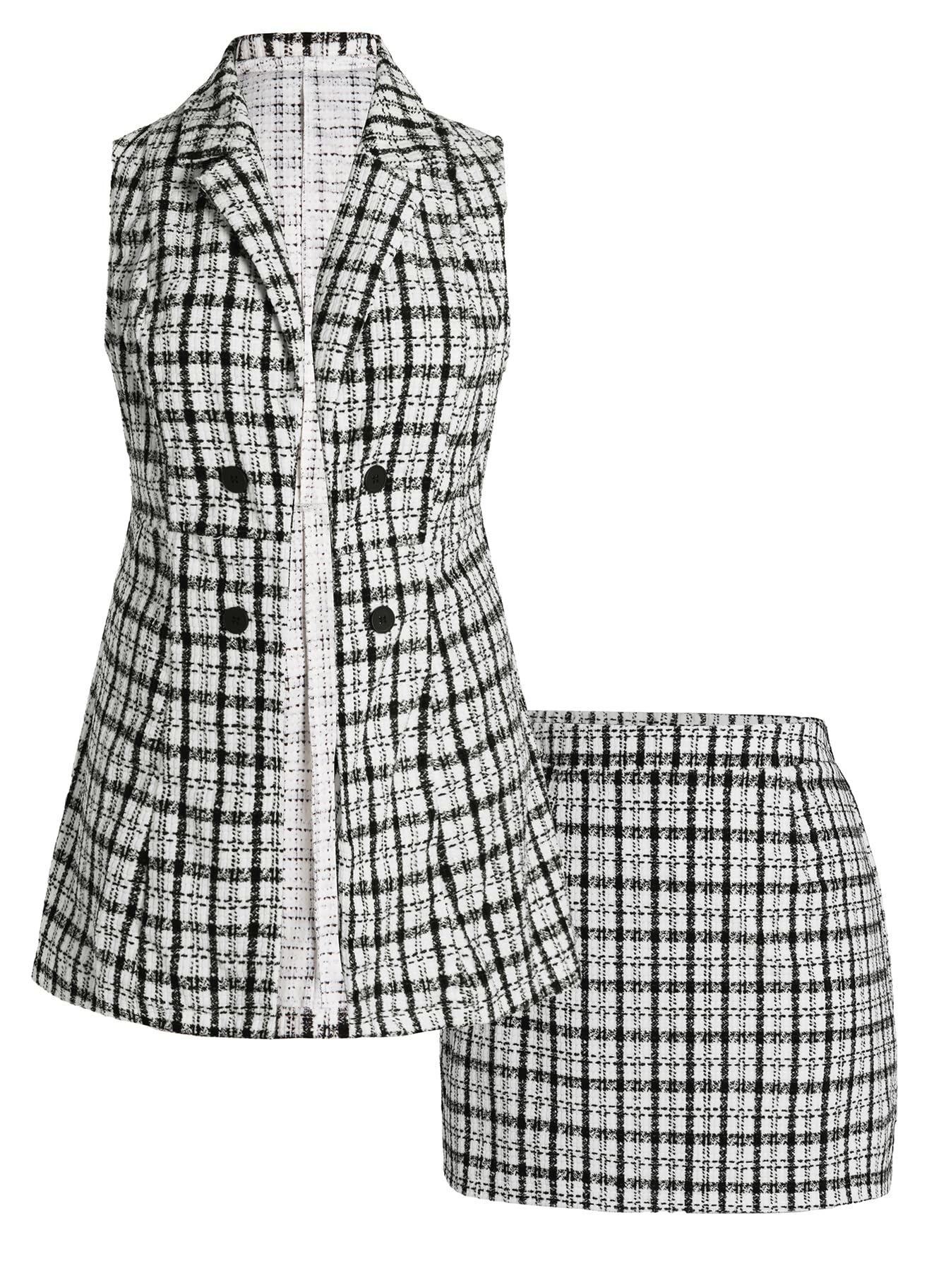 Womens Plus Size 2 Piece Outfit Plaid Lapel Collar Open Front Blazer Vest and Mini Skirt Work Set