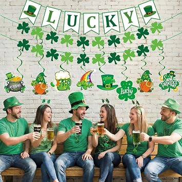 Happy St. Patrick's Day Decorations Decor- Shamrock Saint Patricks Day Decorations Porch Banner, LUCKY Banner, 14 Hanging Swirls, 2 Shamrock Garlands for Home Office Classroom Party Supplies, Green