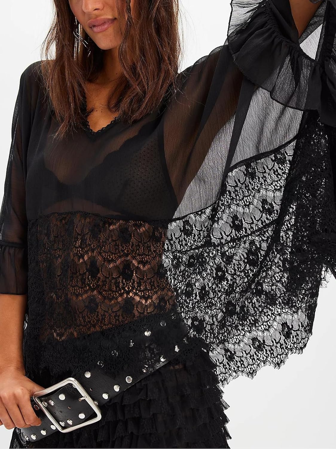 Womens Lace Poncho Top Y2k Batwing Sleeve Sheer Top Sexy See Through Chiffon Blouse Loose Ruffle Flowy Shirt - Image 2