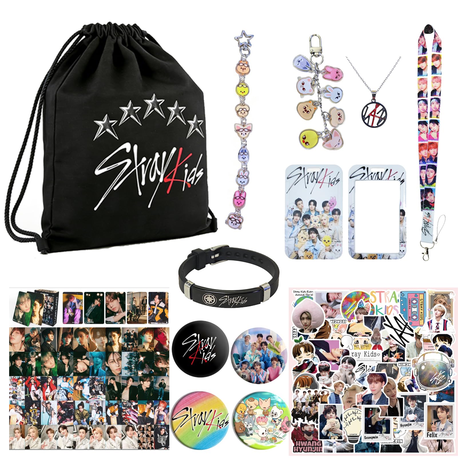 Set Regalo di Accessori Stray Kids: Set Regalo per i Fan Degli con 1 Borsa Sportiva SKZ 1 Portachiavi 1 Cordino 1 Braccialetto, 55 Cartoline Fotografiche, 1 Collana, 4 Spille e 50 Adesivi