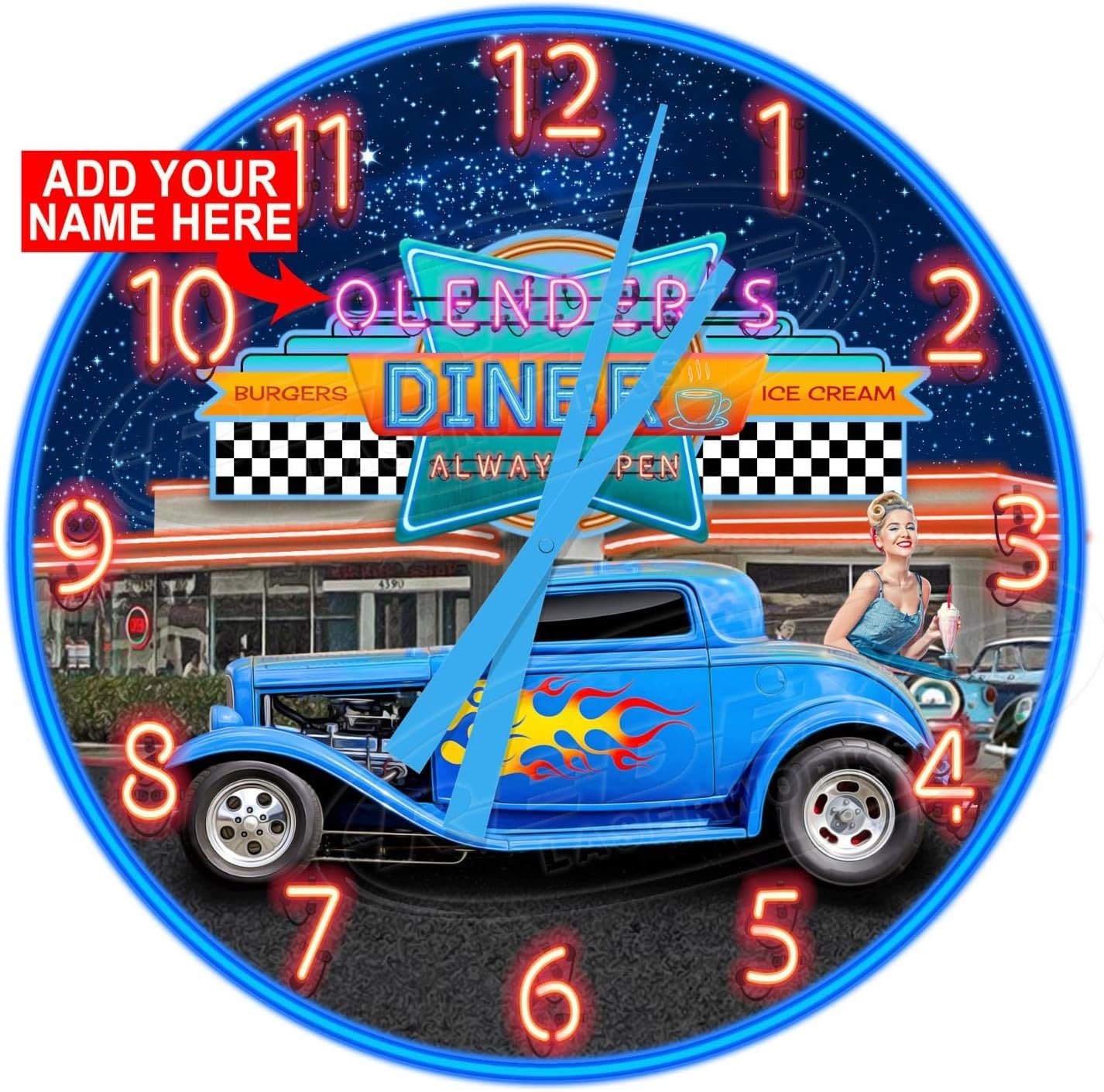 Retro Drive in Diner Hot Rod 12" Diameter Aluminum Metal Round Wall Clock