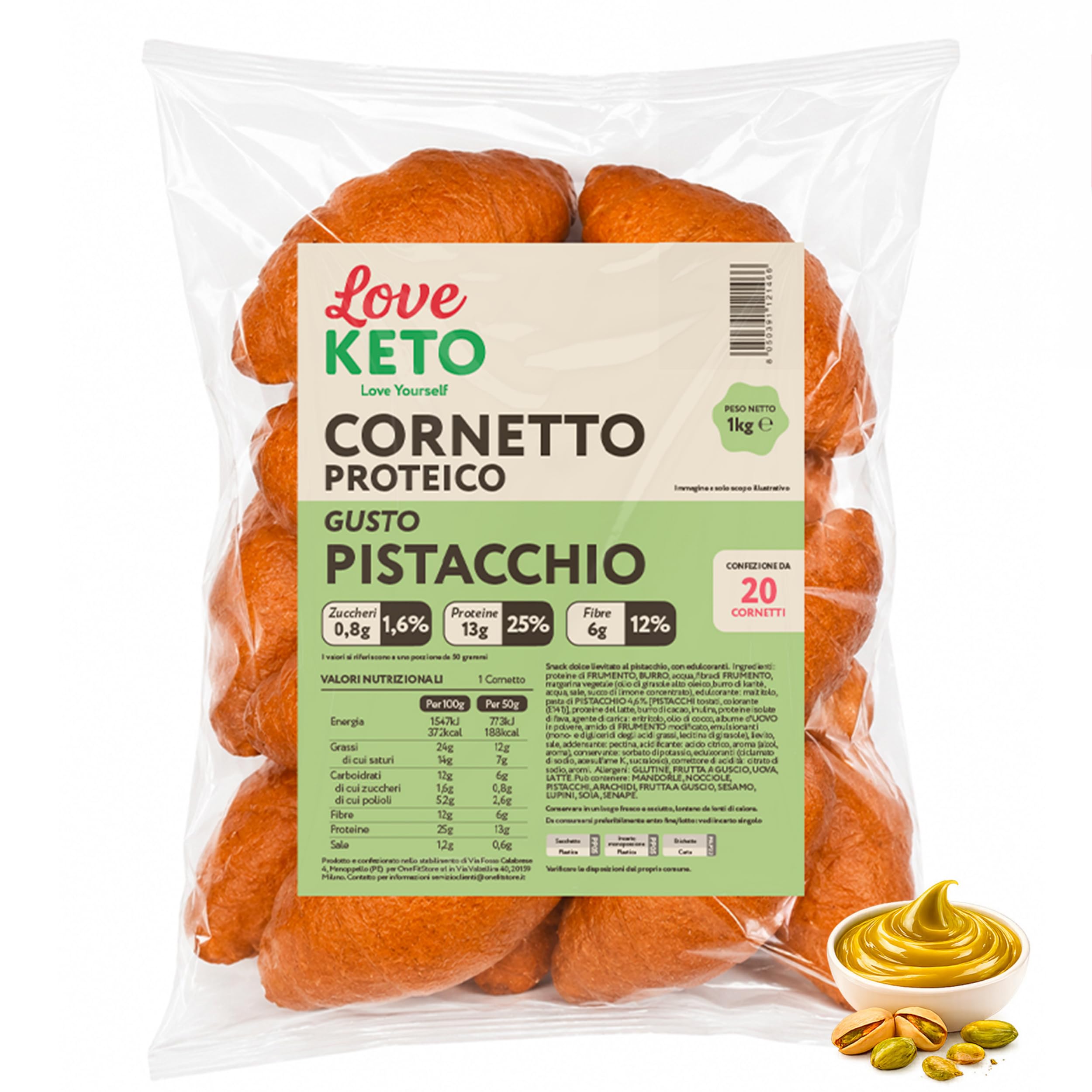 Cornetti proteici low carb ripieni al pistacchio 20 confezioni da 50gr - Made in Italy