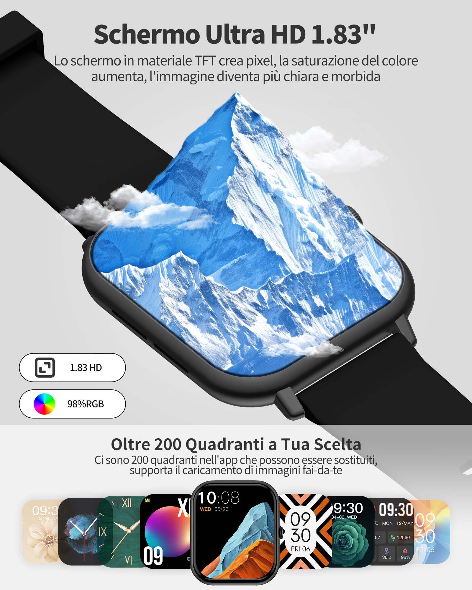 Smartwatch Donna Uomo,1.83" Orologio Smartwatch con Effettua/Risposta Chiamate, Sonno/SpO2/Cardiofrequenzimetro/Contapassi, 110+ Modalità Sportive, IP68 Impermeabile Fitness Tracker per iPhone&Android