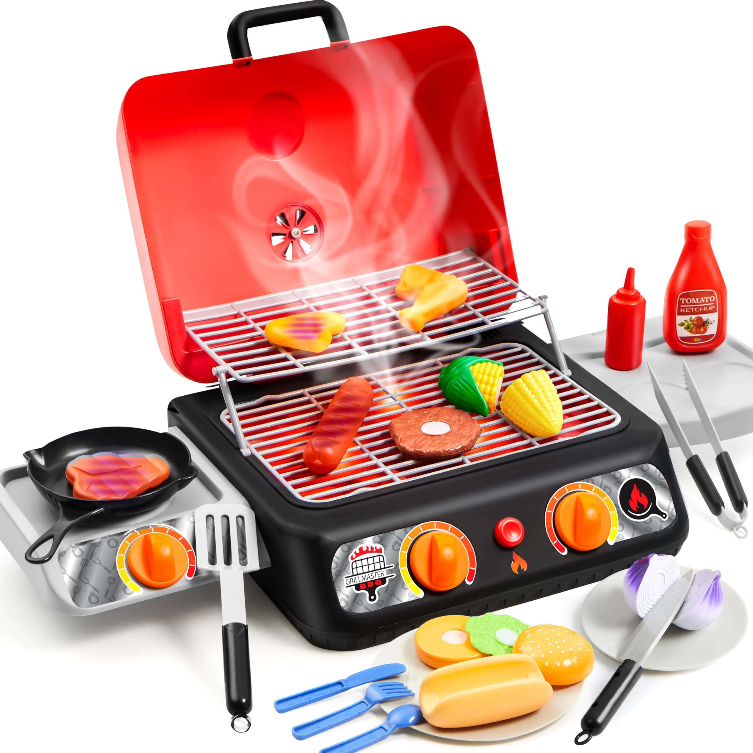 Play-Act Large 2-Layer Children'S Barbecue Toy Kitchen Accessories, Grill With Play Pretend Smoke/Light/Sound, Gift For Boys And Girls