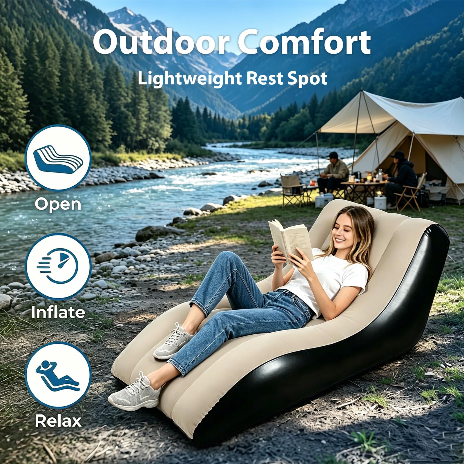 Aufblasbares Sofa, Aufblasbare Couch mit beflockter Oberfläche, Wasserdichtes Luftsofa, Sessel aufblasbar mit Luftpumpe, Tragbare aufblasbare Liege für Camping, Strand, Outdoor, Wohnzimmer (Khaki)