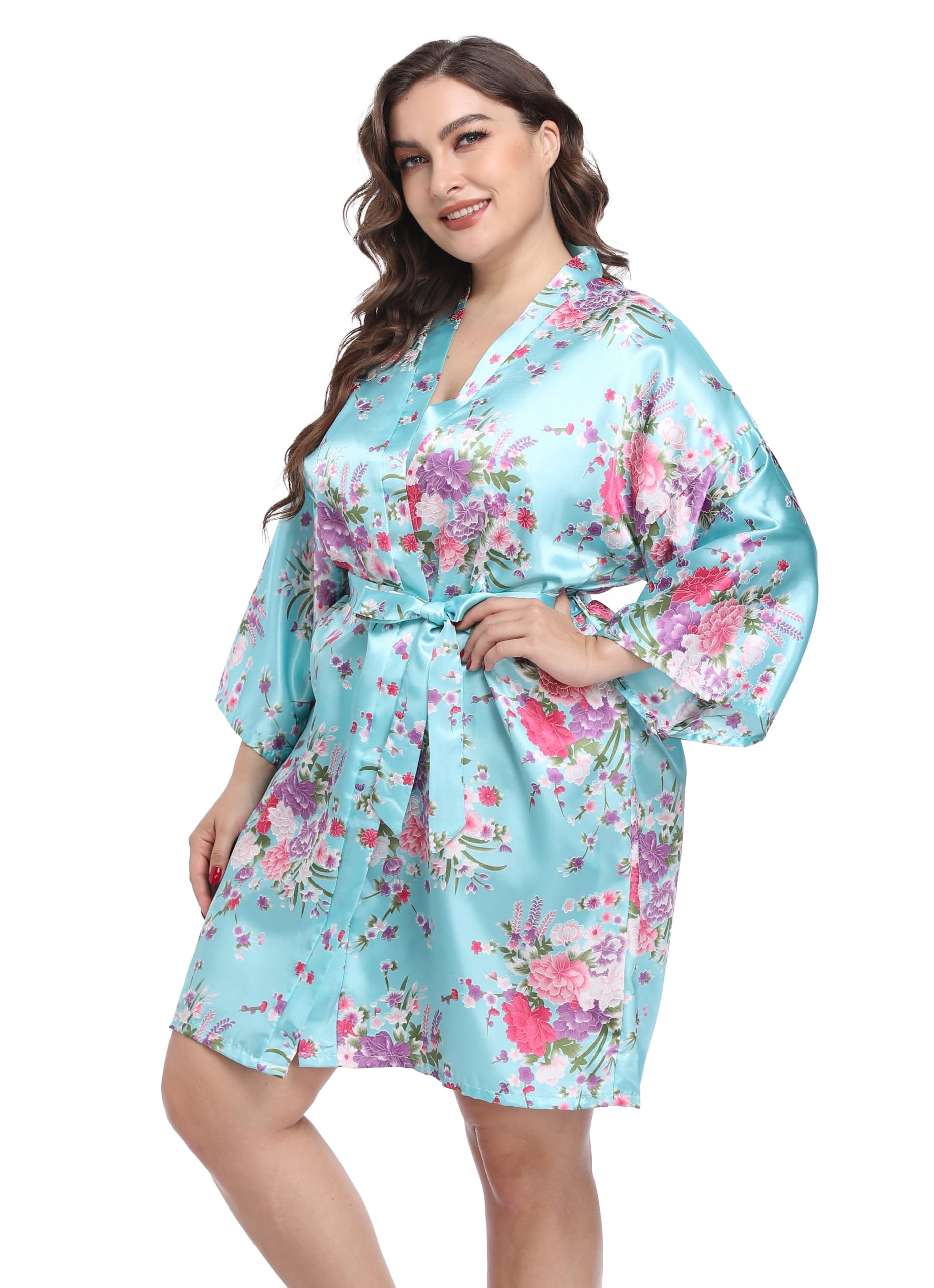 Womens Plus size Floral Bride Bridesmaids Robe Satin Wedding Kimono Bridal Dressing Gown Sleepwear