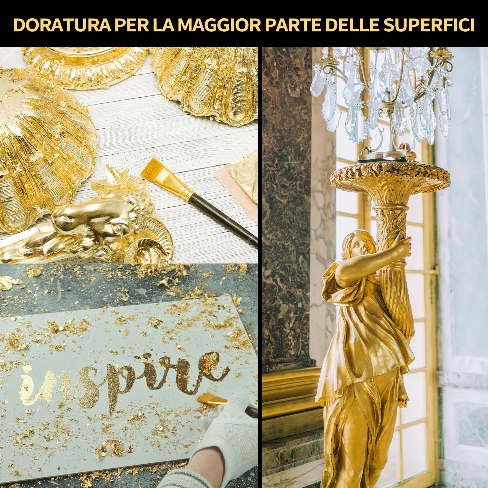 Set di fogli d'oro adesivi, LUVBOATE Set di fogli d'oro, 100ml di adesivo per doratura a base acquosa e 100ml di vernice protettiva, 100 fogli d'oro per arte, pittura, arredamento e decorazione