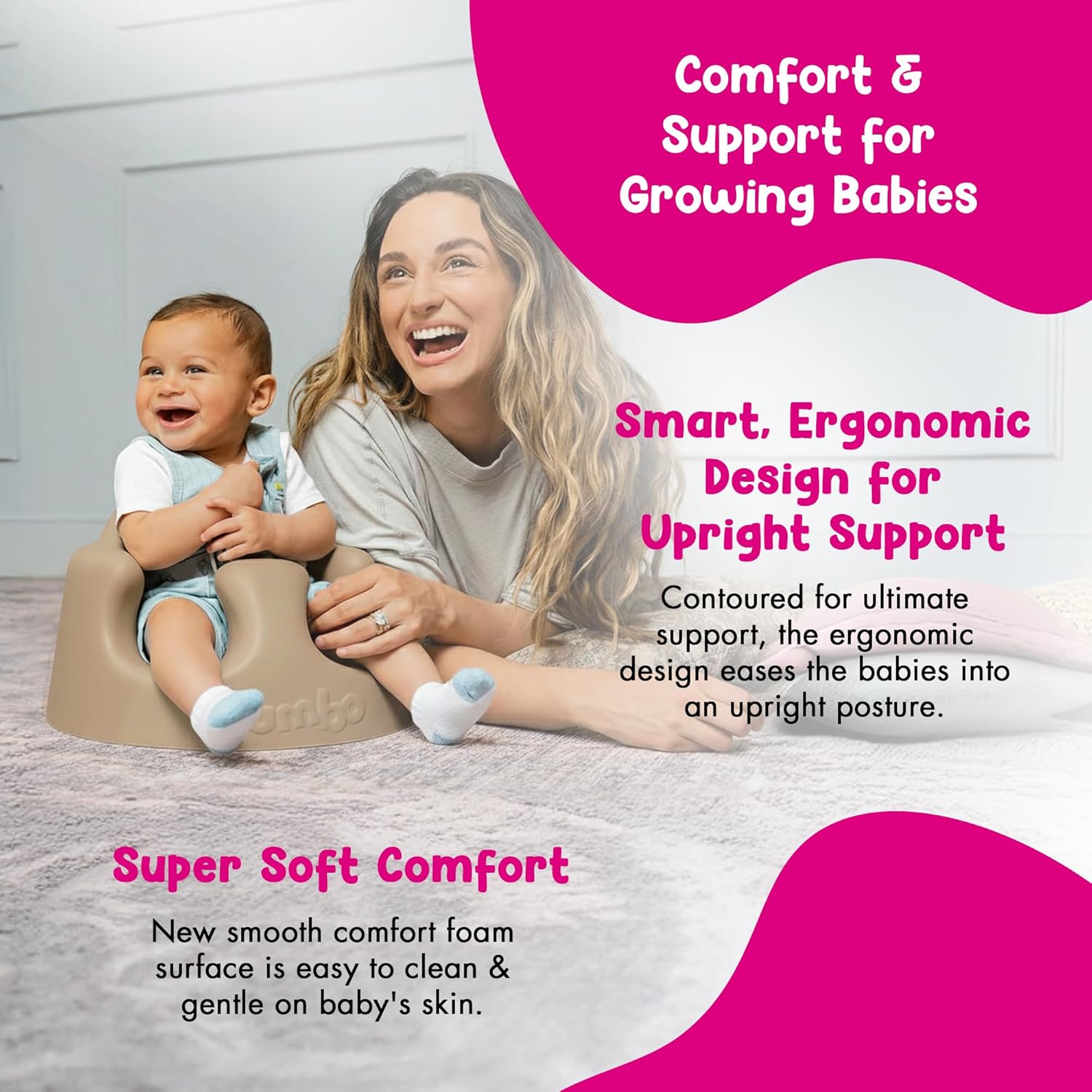 Bumbo Baby Infant Soft Foam Comfortable Support Wide Floor Seat Plus+ with 3 Point Adjustable Harness for Ages 3 to 12 Months, Taupe