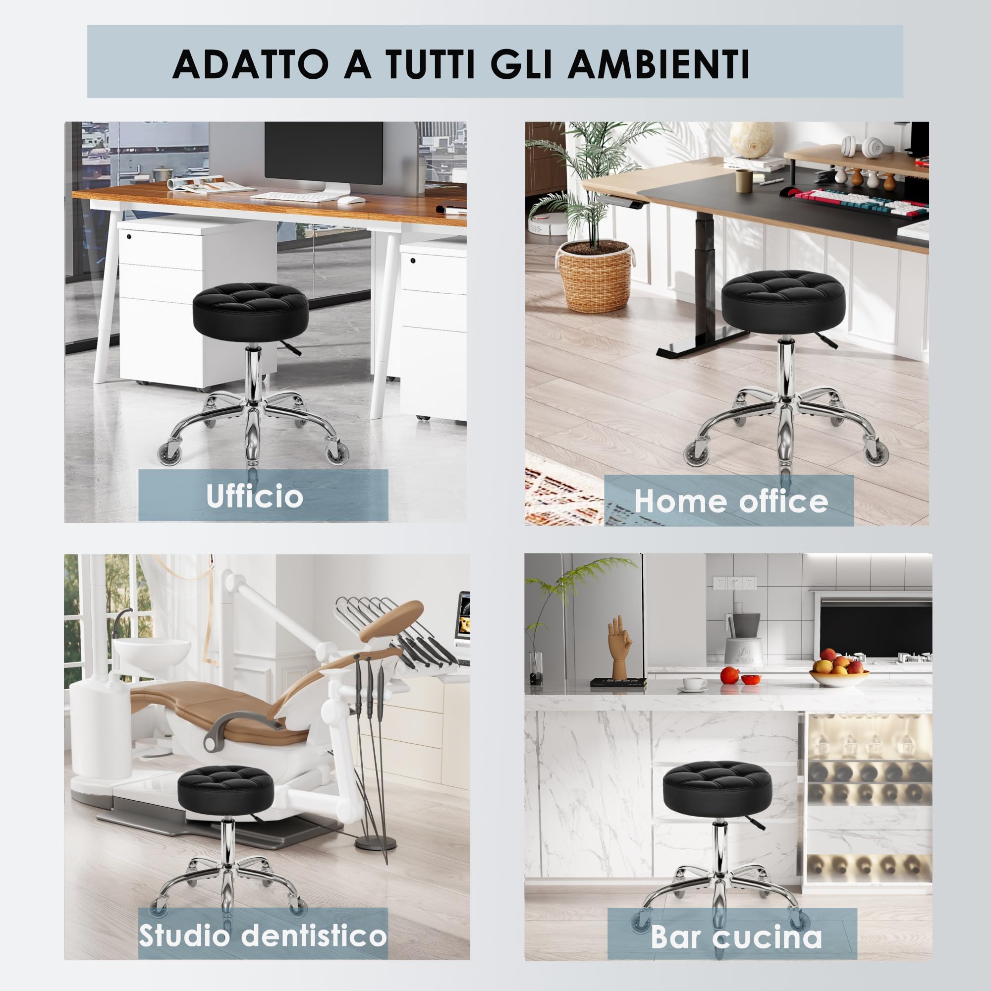 BEWISHOME Sgabello con Ruote, Sedia in Pelle PU Resistente, Girevole a 360°, Sgabello Regolabile, Peso Massimo 200 KG, per Saloni di Bellezza, Spa e Cliniche (Nero)