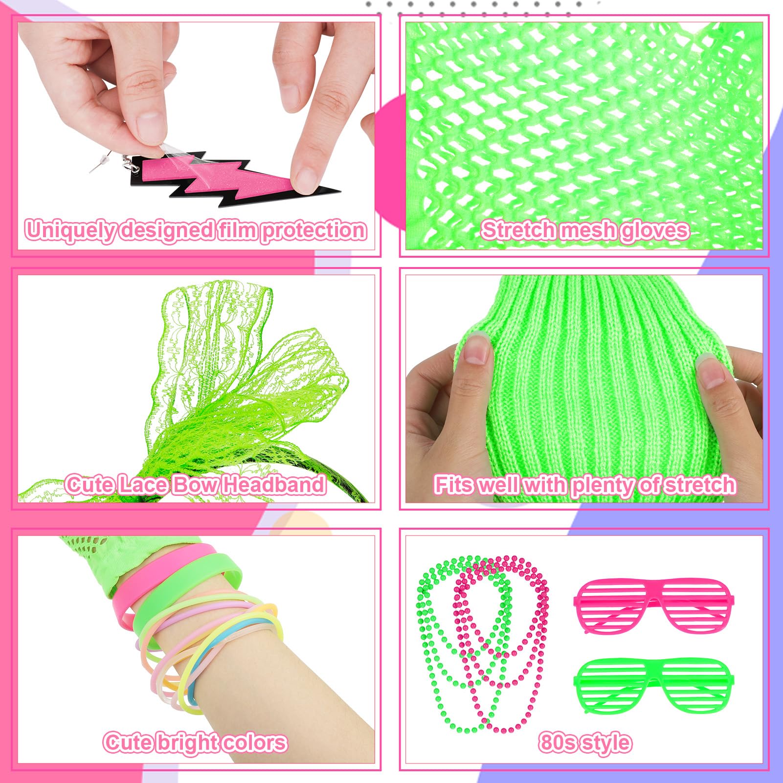 FRIUSATE 42 Pcs 80s Fancy Dress for Women Neon Pink & Green 80s Accessories with Leg Warmers Lace Bow Headband Necklaces Bracelet Fishnet Gloves - Image 3