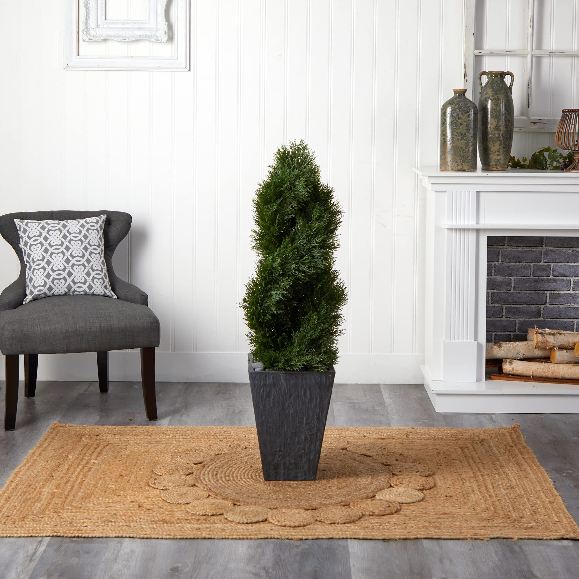 Nearly Natural 4ft. Cypress Double Spiral Topiary Artificial Tree in Slate Planter UV Resistant (Indoor/Outdoor)