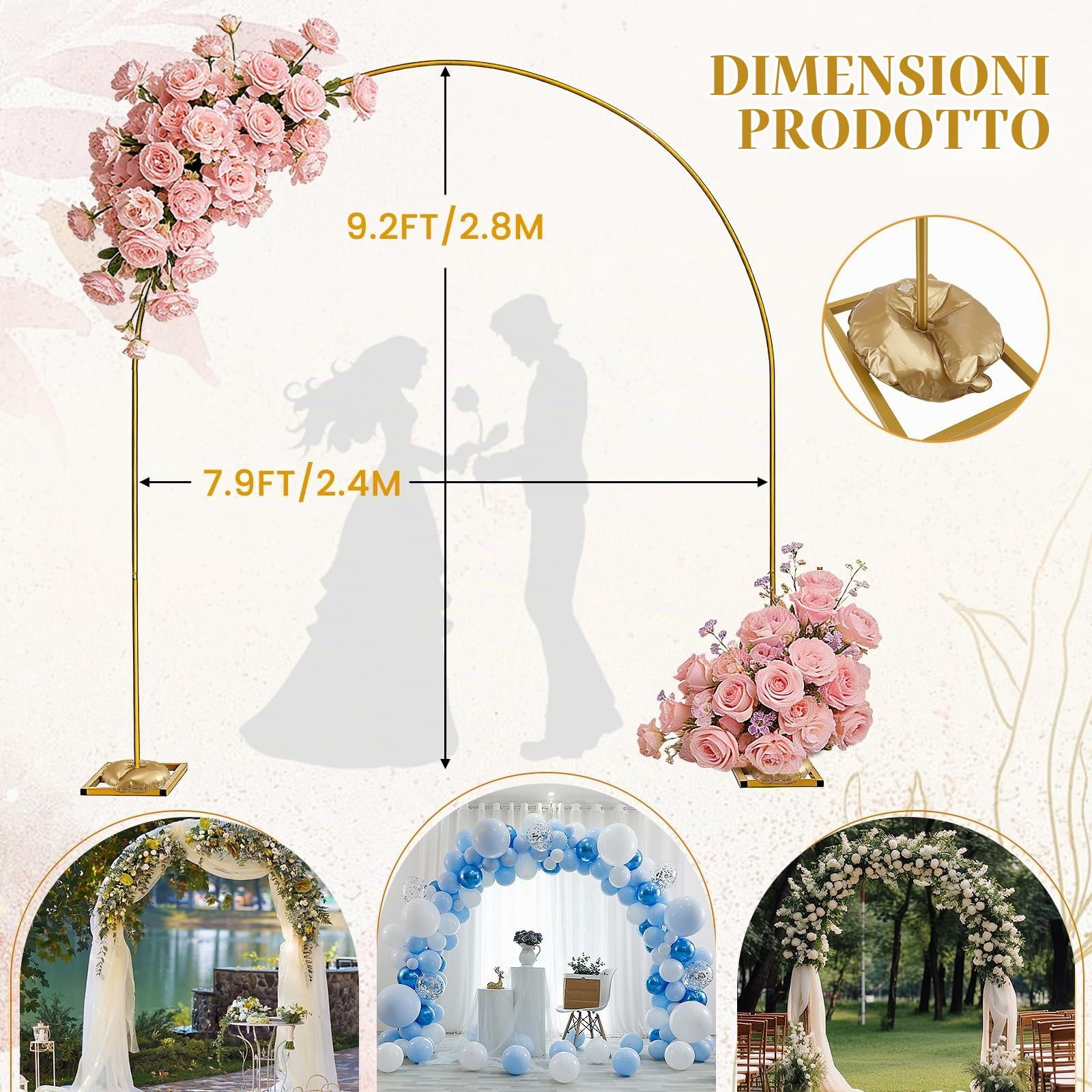 Arco per Matrimonio in Metallo Dorato 2,4 x 2,8 m con 2 Sacchi d'Acqua Zavorrati, Arco Palloncini Rotondo Decorativo per Nozze, Compleanni, Baby Shower e Set Fotografico