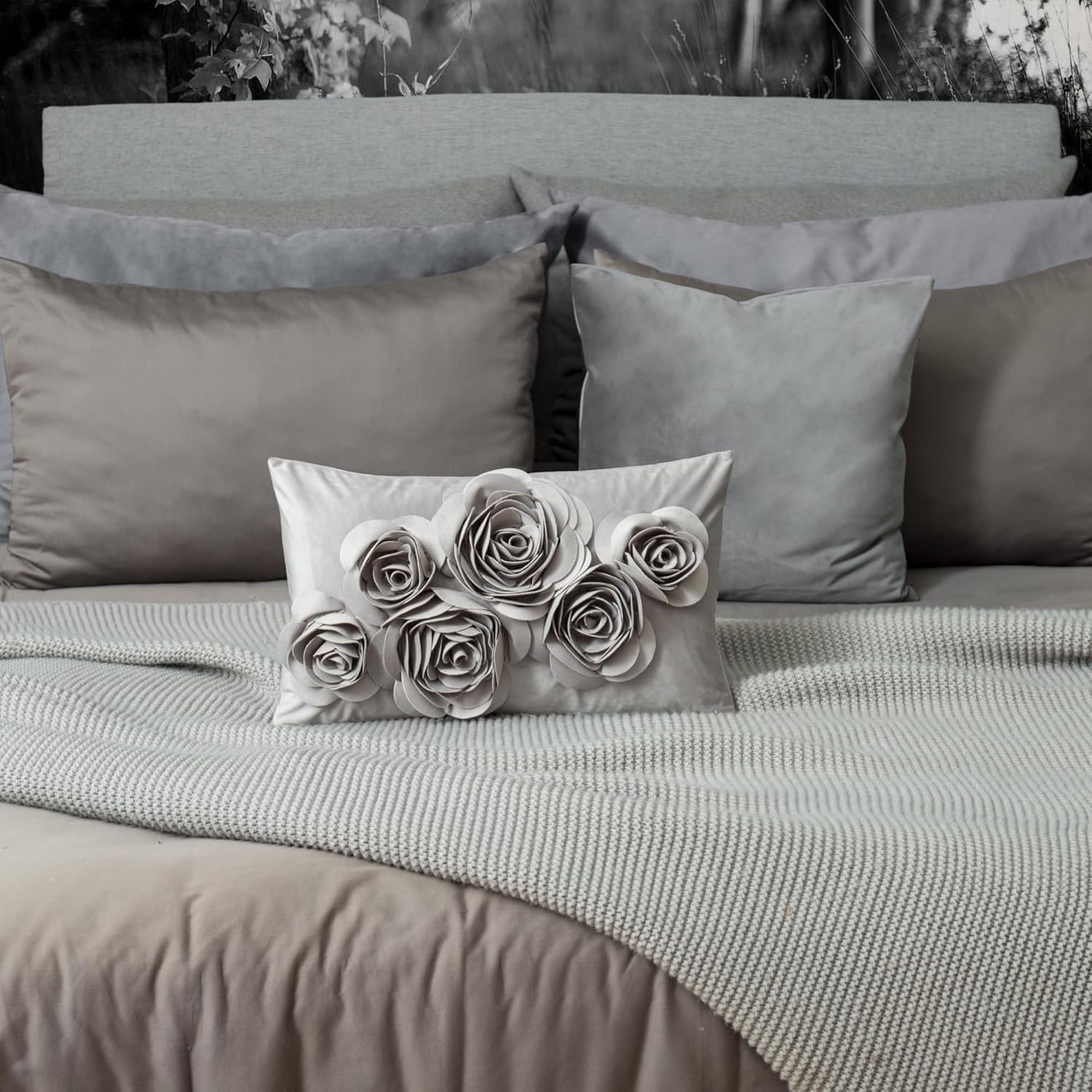 JWH 3D Flowers Throw Pillow Cover Decorative Soft Velvet Accent Decor Floral Cushion Lumbar Pillowcase for Bed Sofa Couch Living Room 12x20 Inches Gray