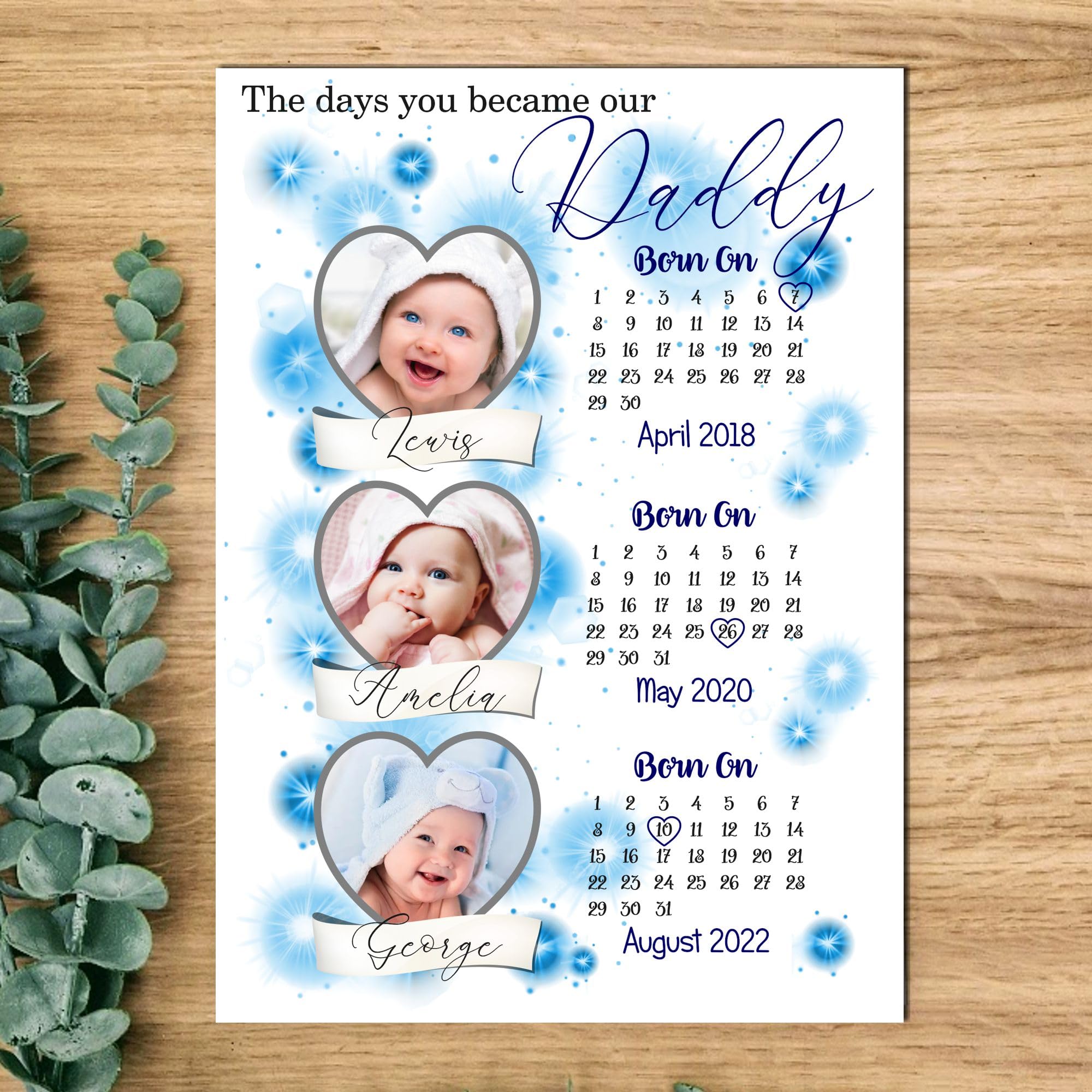 Pixie's Gifts Personalised The Day You Became My Daddy Photo Plaque for George Heart Design MDF Wood Gift for Fatherβs Day Birthday Christmas Thoughtful Keepsake Present (3 Children)