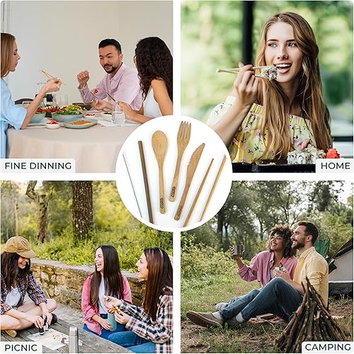 Miniatura 4 de Juego de utensilios de viaje de bambú  Tenedor de bambú, cuchillo, cuchara, palillos, pajilla, cepillo de limpieza para pajilla, bolsa de viaje y