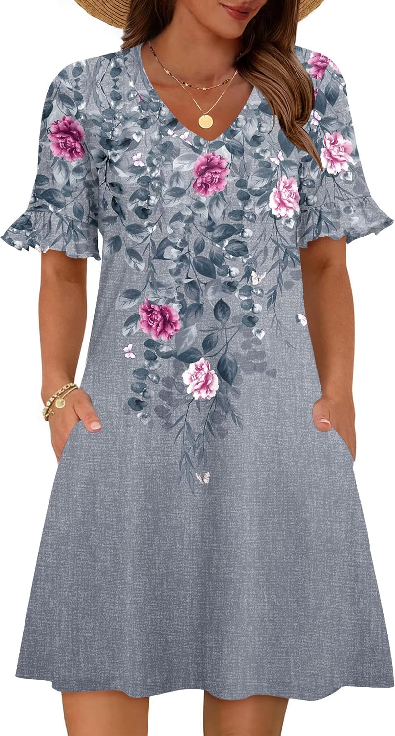 Zeagoo Summer Casual Dresses for Women A Line Sun Dress Ruffle Short Sleeve V Neck Floral Tshirt Dress with Pockets