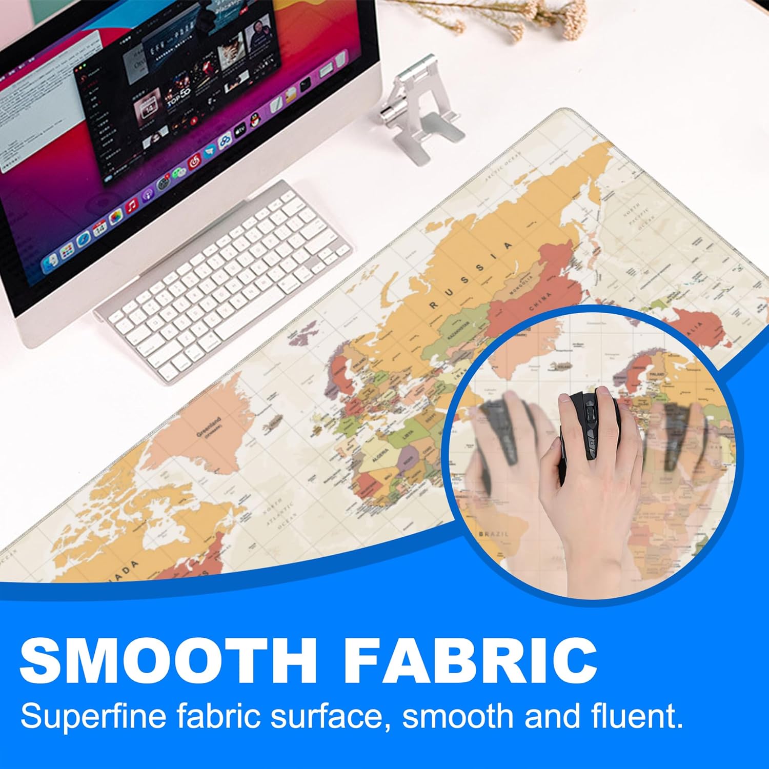 Desk Mat, Yellow Vintage World Map Extended Gaming Mouse Pad Large, 31.5"x11.8" Big Mouse Pad with Non-Slip Base and Stitched Edge, Long Computer Keyboard Mouse Mat for Home Office Work - Image 5