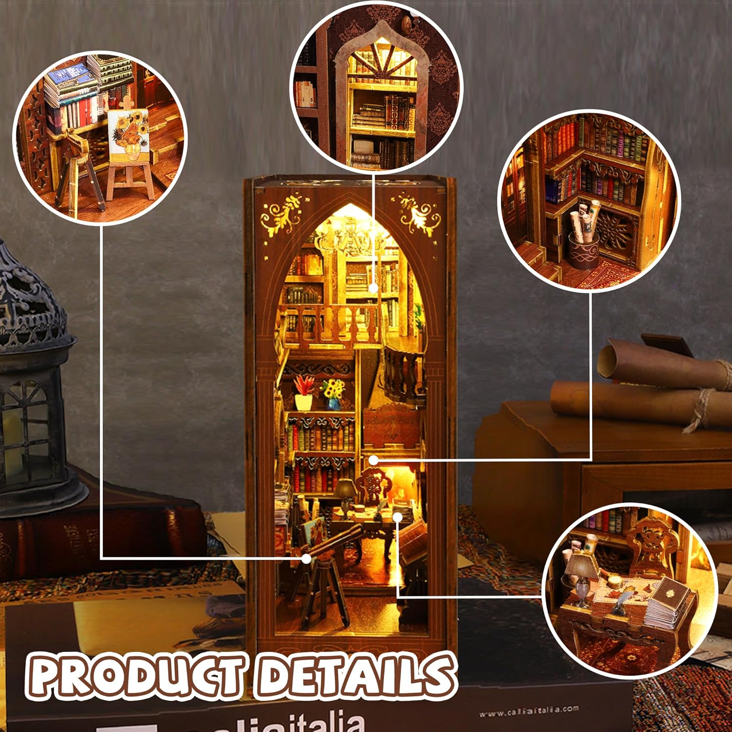 Flever Dollhouse DIY Book Nook Miniature Kit, DIY Booknook Bookshelf Insert Decor, 3D Wooden Booknook Miniature Kit for Creative Assembled Bookends (Library of Book)